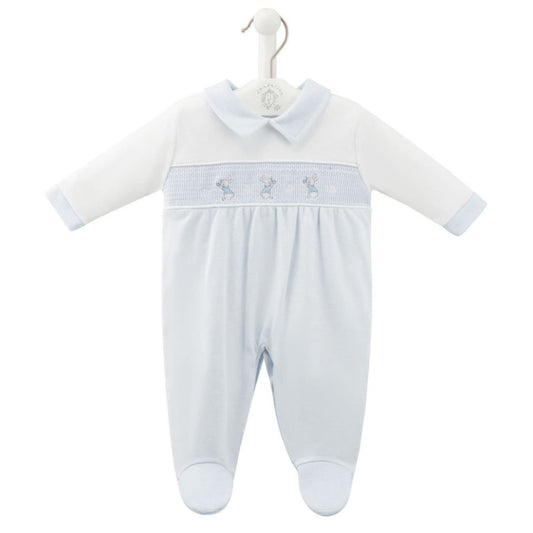 Blue smocked baby onesie with bunny embroidery and Peter Pan collar – Dandelion