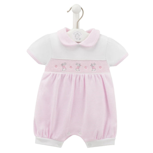 Dandelion baby girl pink smocked romper with bunny embroidery – 0 to 12 months