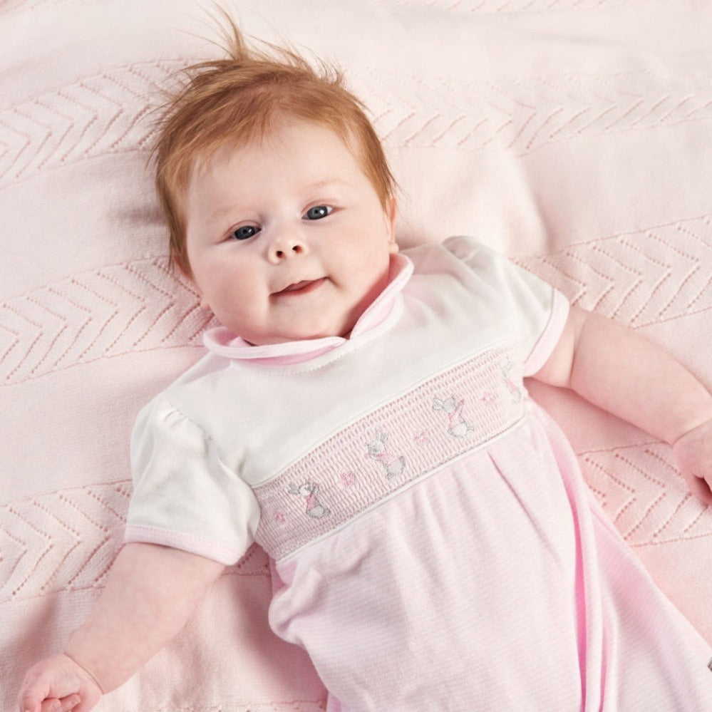 Dandelion baby girl pink smocked romper with bunny embroidery – 0 to 12 months