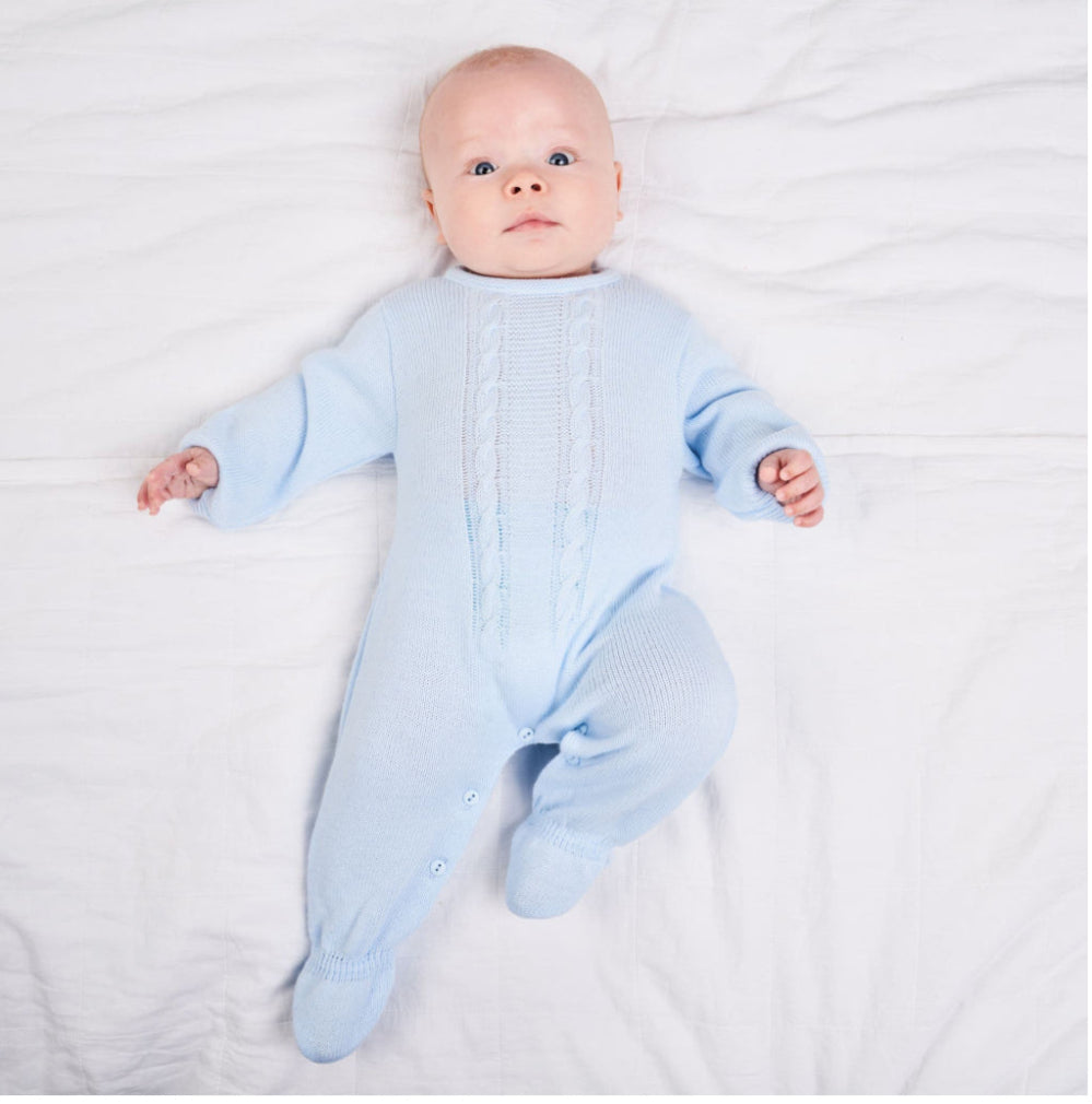 Dandelion blue cable knit baby onesie with back buttons – Newborn to 6 Months