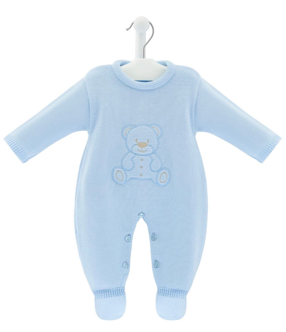 Dandelion Blue Teddy Bear Knitted Baby Onesie - Personalised |Newborn – 6 Months