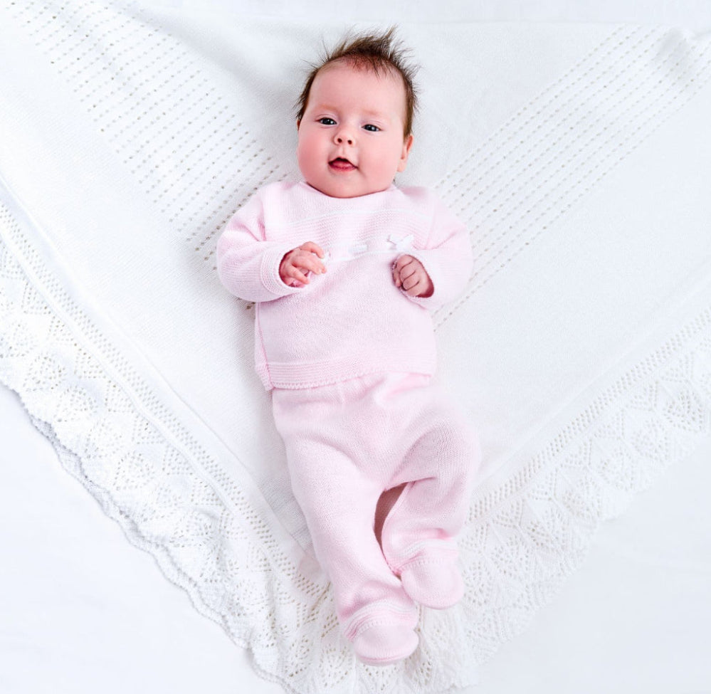 Pink and white Dandelion knitted baby girl outfit with satin bow – Newborn to 6 Months