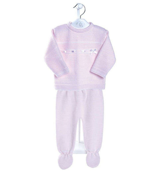 Pink and white Dandelion knitted baby girl outfit with satin bow – Newborn to 6 Months