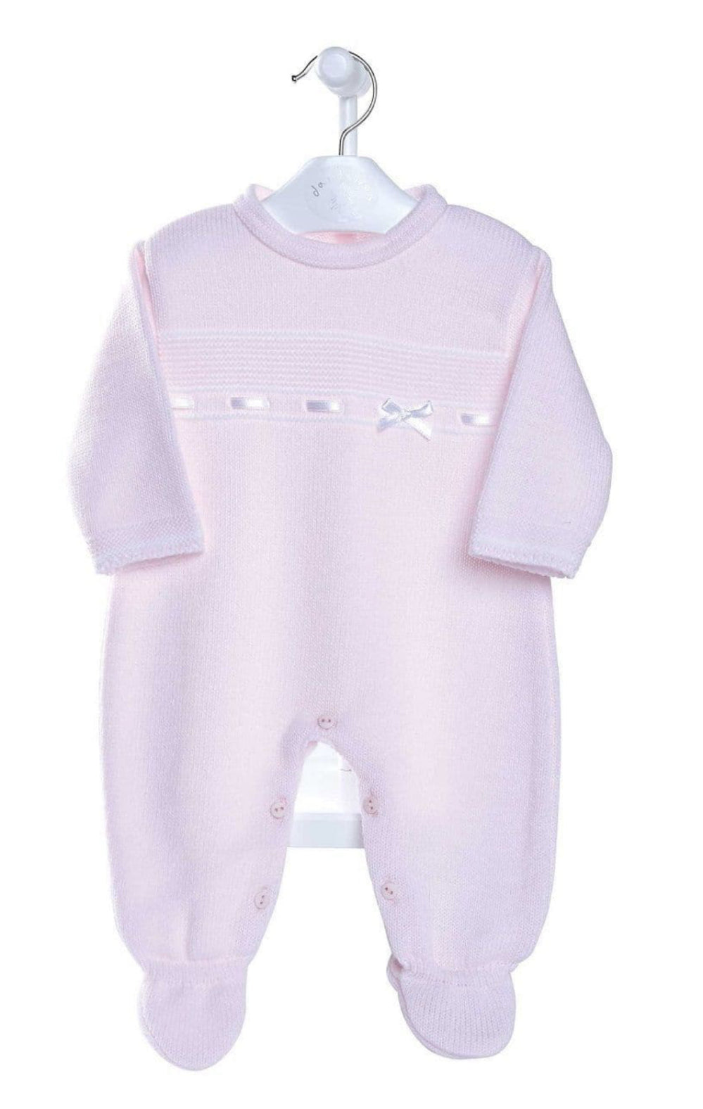 Pink and white Dandelion girls’ knitted baby onesie with satin bow – Newborn to 6 Months
