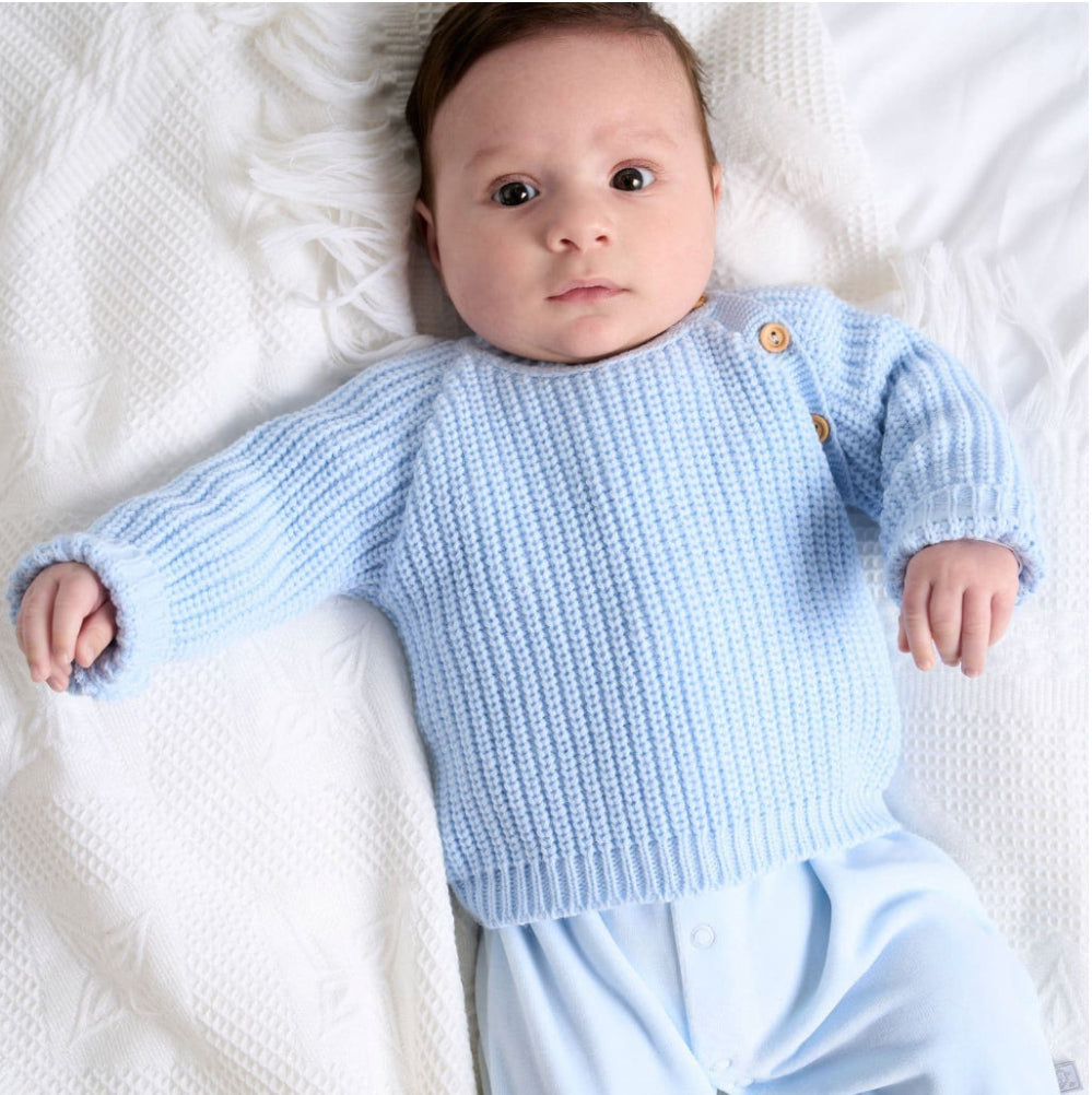 Dandelion ribbed knitted baby jumper with wooden buttons – Blue and Taupe | 0–18 Months