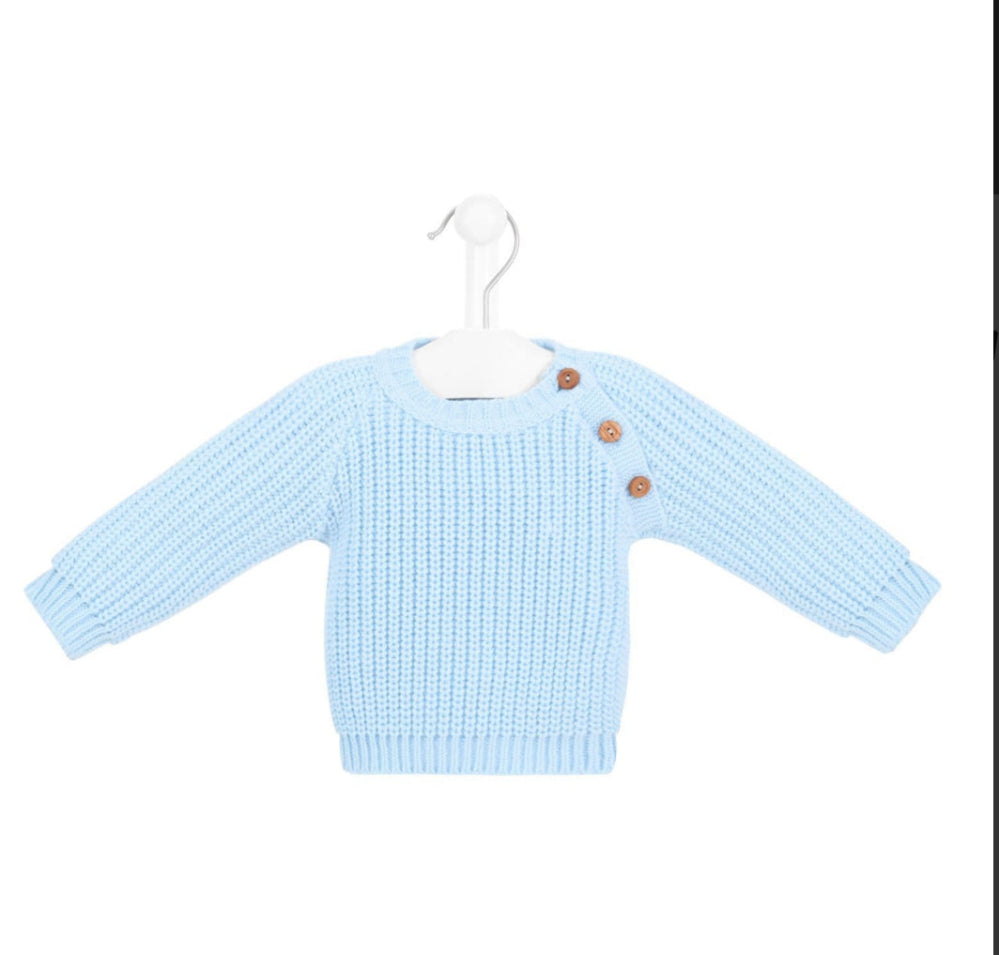 Dandelion ribbed knitted baby jumper with wooden buttons – Blue and Taupe | 0–18 Months