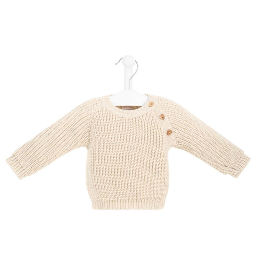 Dandelion ribbed knitted baby jumper with wooden buttons – Blue and Taupe | 0–18 Months