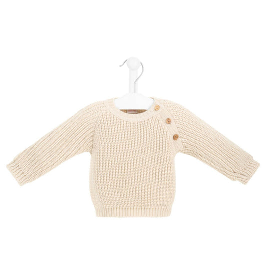 Dandelion ribbed knitted baby jumper with wooden buttons – Blue and Taupe | 0–18 Months