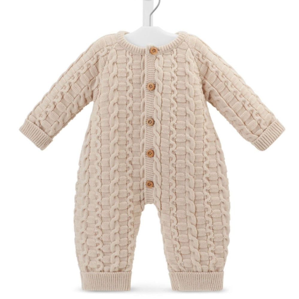 Dandelion taupe knitted footless baby onesie with front buttons – 0 to 12 months