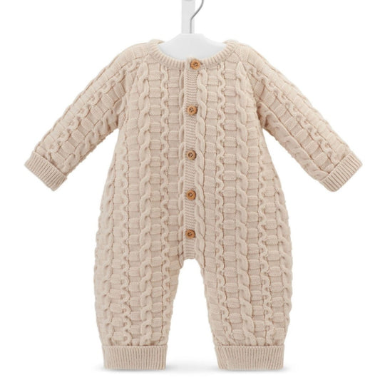 Dandelion taupe knitted footless baby onesie with front buttons – 0 to 12 months