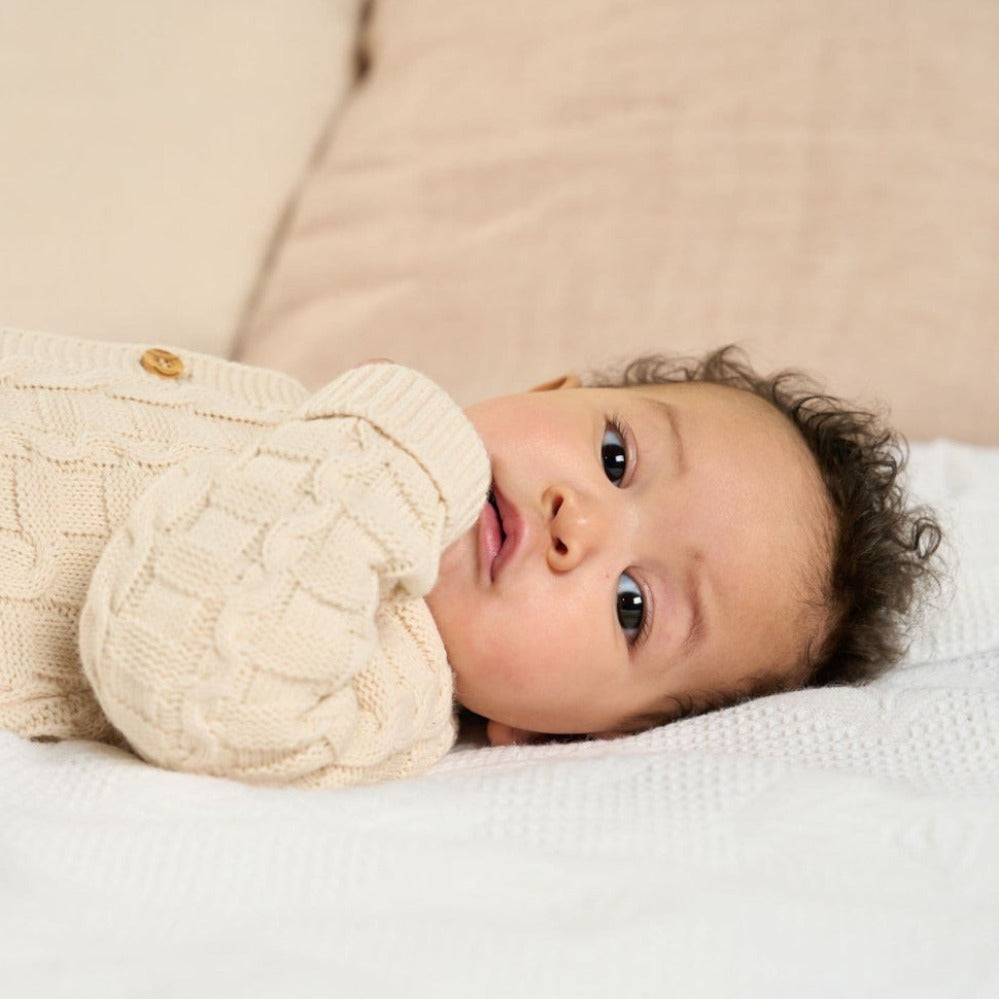 Dandelion taupe knitted footless baby onesie with front buttons – 0 to 12 months