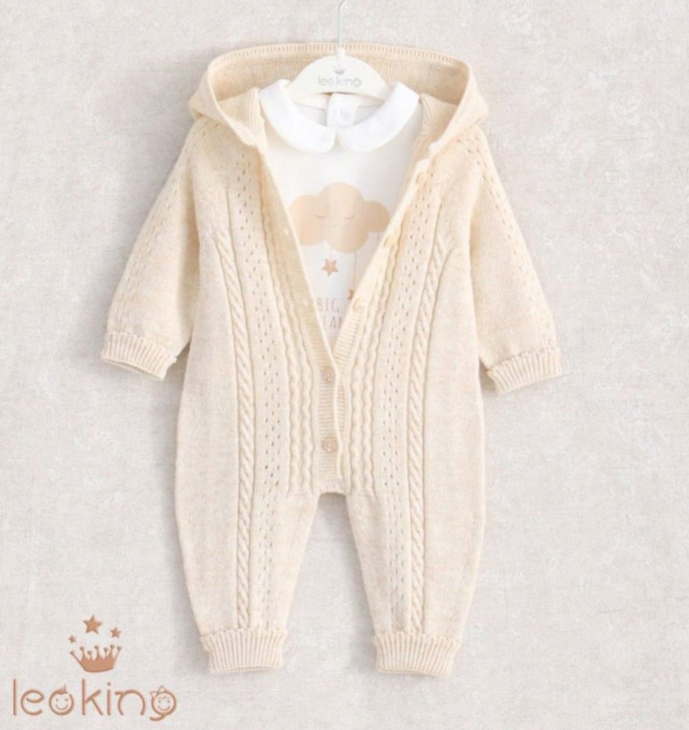 Leoking cable knit baby hooded onesie with white bodysuit – 2-piece baby girl set