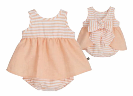Calamaro Peach Stripe Bow Back Baby Dress & Bloomers |3 to 36 Months