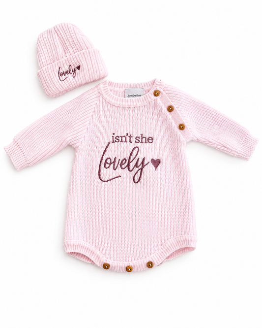 “Isn’t She Lovely” Knitted Baby Romper & Hat Set – Pink | Newborn & 0–3 Months