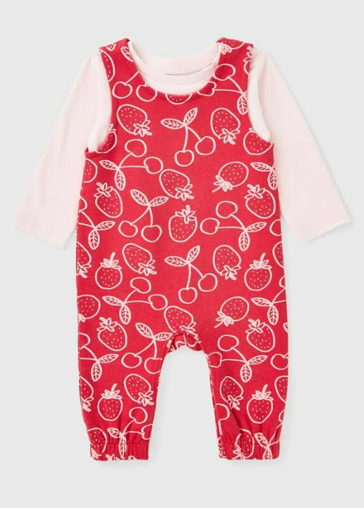 Girls Strawberry & Cherry Dungaree Romper Set | Baby Girls Outfit