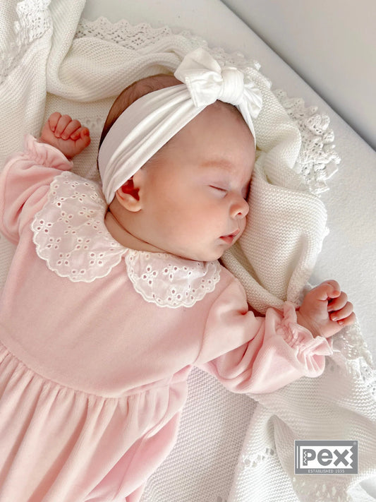 Pex Nova pink velour baby girl romper with white lace collar – sizes newborn to 24 months