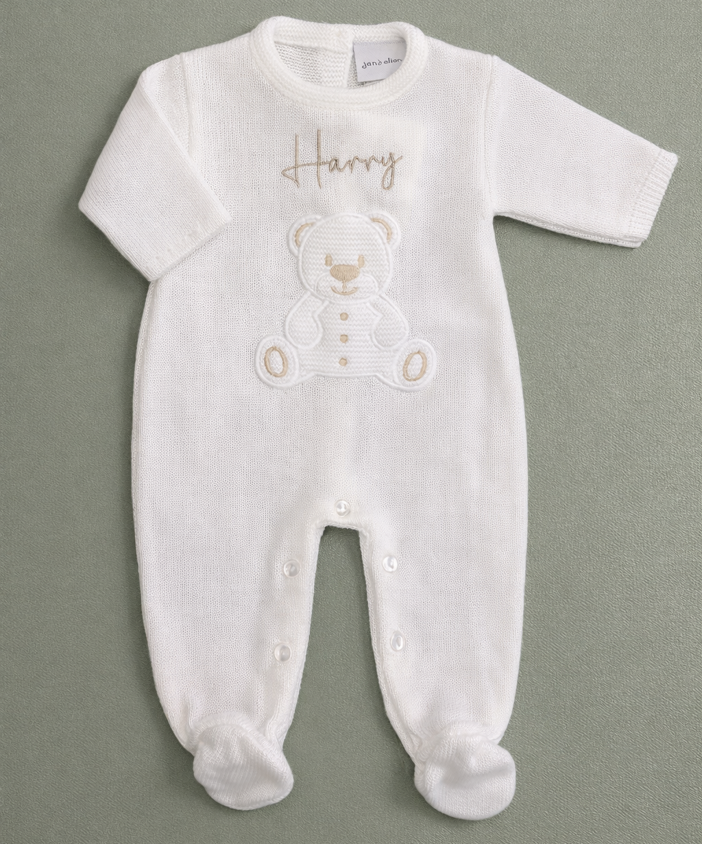 Dandelion Teddy Bear Knitted Baby Onesie – Personalised Option | Newborn–6 Months