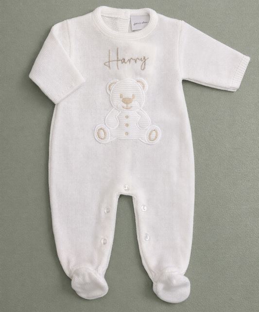 Dandelion Teddy Bear Knitted Baby Onesie – Personalised Option | Newborn–6 Months