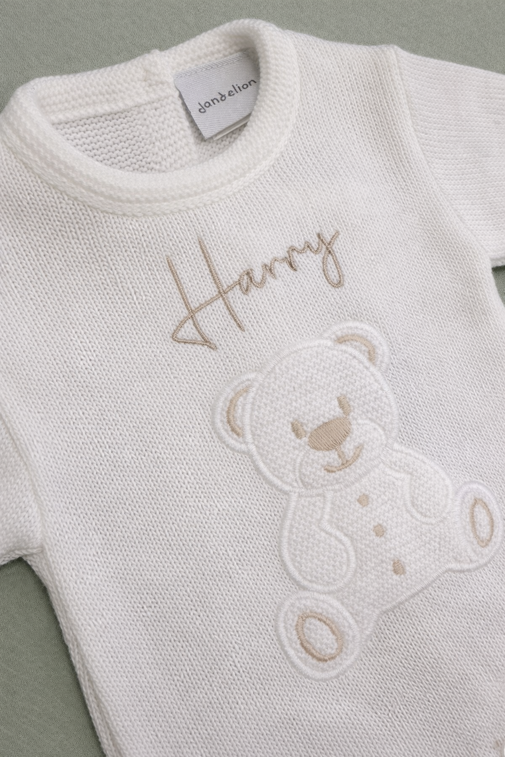Dandelion Teddy Bear Knitted Baby Onesie – Personalised Option | Newborn–6 Months