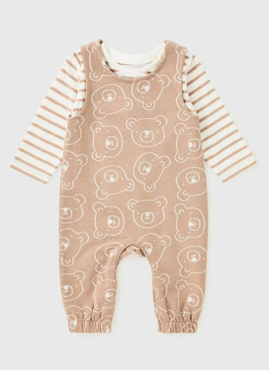 Neutral Teddy Bear Dungaree Romper Set | Baby Boys & Girls Outfit