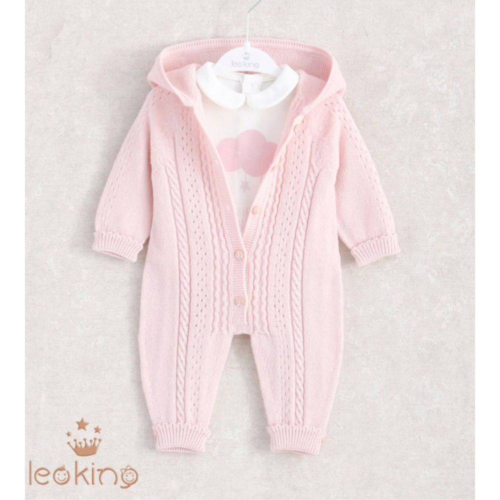 Leoking pink cable knit baby hooded onesie with white bodysuit – 2-piece baby girl set