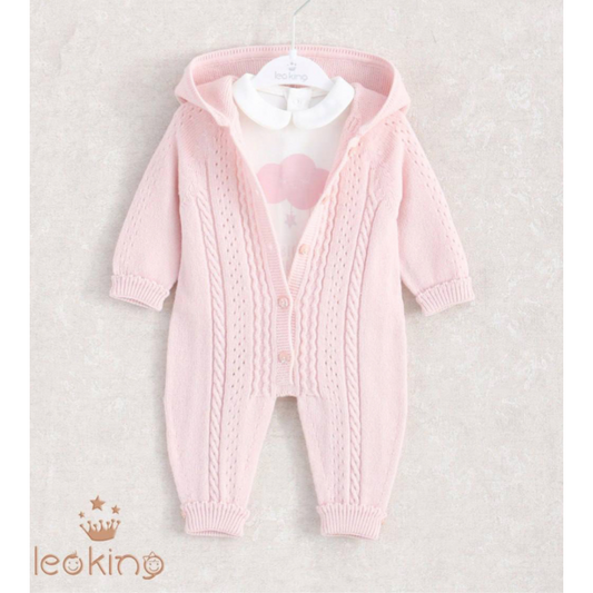 Leoking pink cable knit baby hooded onesie with white bodysuit – 2-piece baby girl set