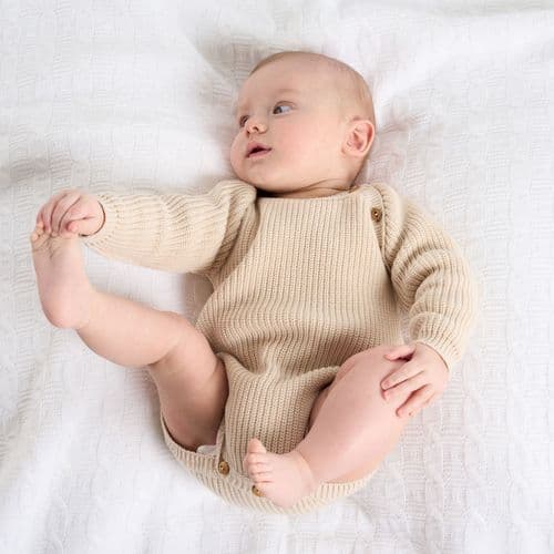 Dandelion Personalised Knitted Long Sleeve Baby Romper – Taupe