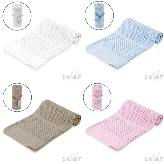 Soft Touch Cellular Cotton Baby Blanket – White, Pink, Taupe & Blue (70x90cm)