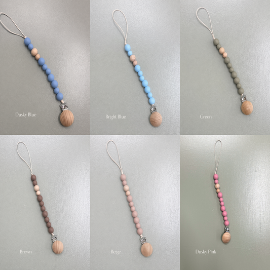 Silicone & Wooden Dummy Clip – Baby-Safe Silicone (Multiple Colours)