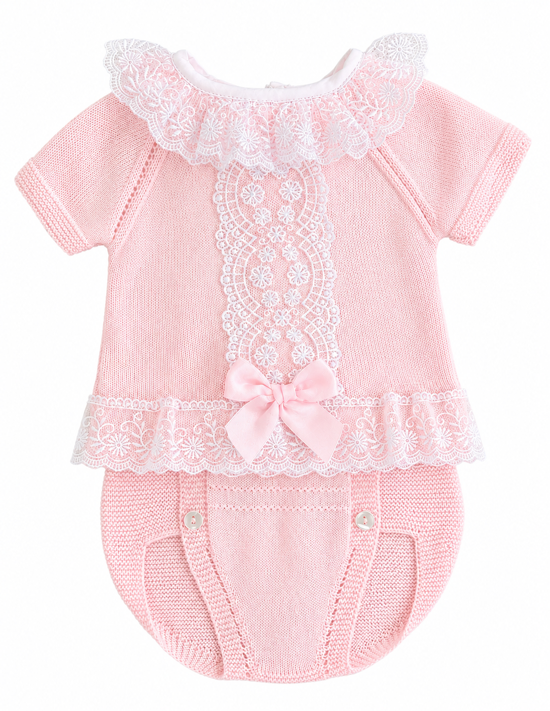 Girls Knitted Lace Shorts Set | Pink or Beige | 3–24 Months