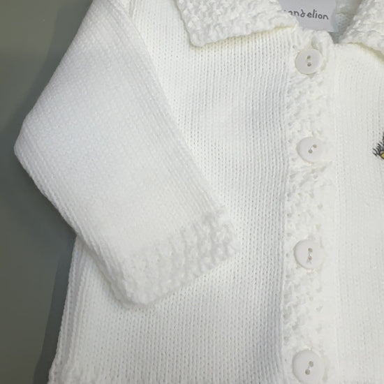 White Dandelion baby cardigan with embroidered bear and button front – newborn to 12 months