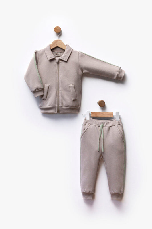 Toddler zip-up tracksuit set with collared jacket and matching joggers in neutral and blue – ages 1 to 5 years