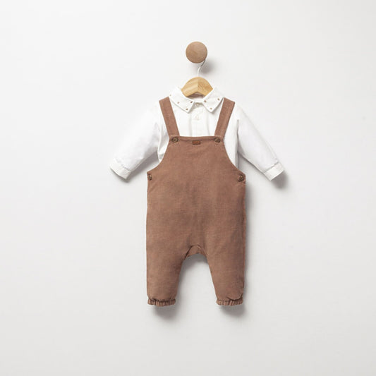 Rust corduroy baby dungaree set with white shirt and button details – newborn to 9 months